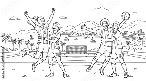 Excited Female Soccer Players Celebrating a Victory on the Field.