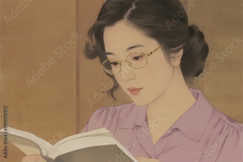 A woman with glasses reading a book indoors