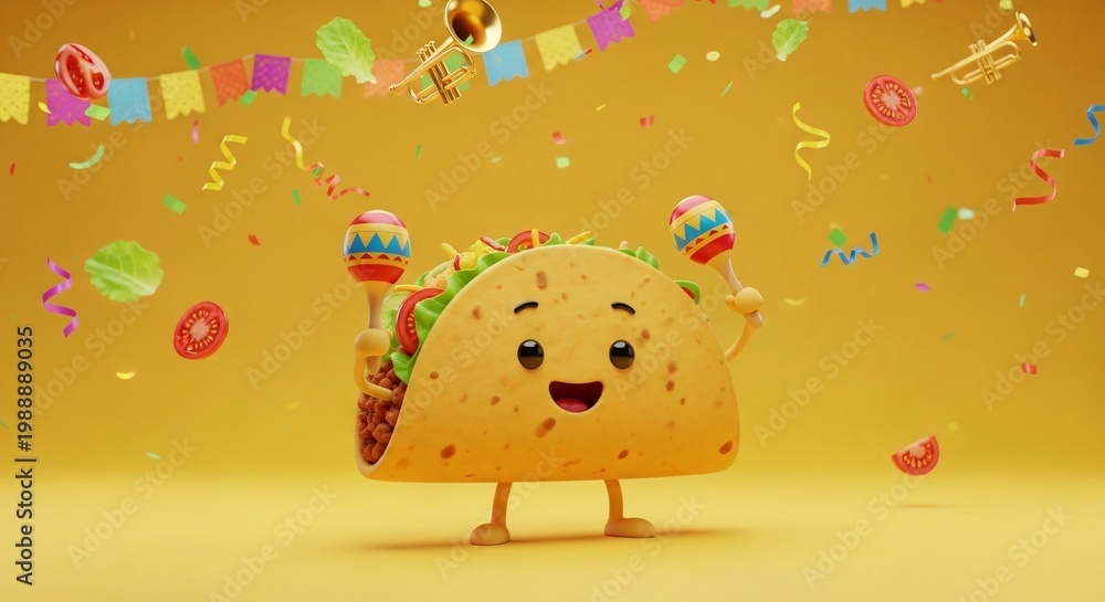 Fototapeta premium Taco animado tierno celebrando el Cinco de Mayo con maracas, personaje de comida mexicana feliz, fondo amarillo festivo con confeti, papel picado y trompetas