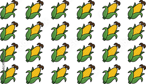 Corn vegetable icon pattern in cartoon style, fresh maize illustration set for food design, agriculture background and packaging