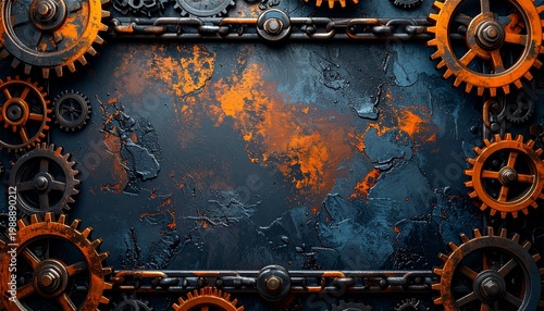 Vintage Metallic Gear Border Background with Copy Space