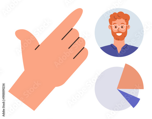 Business communication, teamwork, data analysis, presentation, user interface, online interaction. A hand pointing, a male profile avatar and a pie chart. Teamwork and data analysis concept