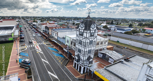 Slika na platnu A view of the clock tower and street in Statford, Taranaki, New Zealand