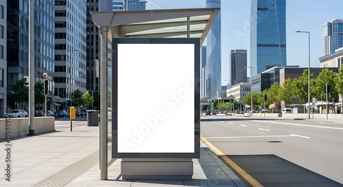 Blank advertising signboard at bus stop on urban street, modern city background in daylight, clean composition for marketing and promotion concept