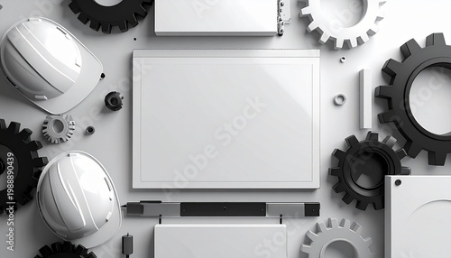 Industrial Engineering Mockup with Hard Hats and Gears Top View