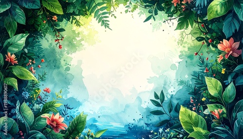 Enchanted Forest Pond Illustration with Blooming Wildflowers and Copyspace