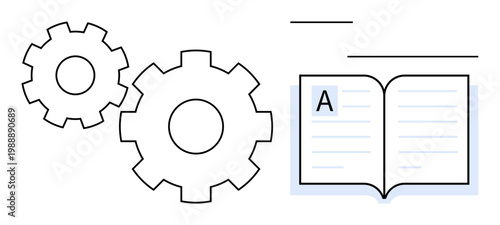Automation, learning, education, knowledge sharing, process understanding, system design. Two gears adjacent to an open book with text and illustrations. Automation and learning concept