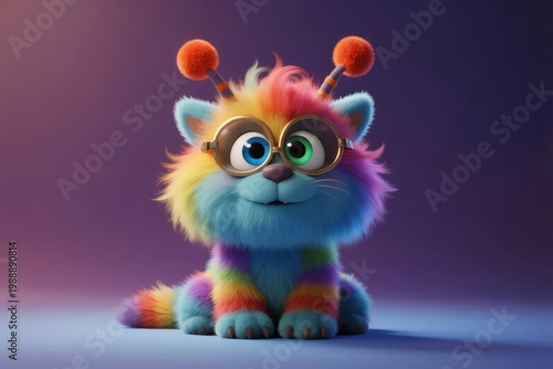 Colorful animated creature with rainbow fur, large eyes, and antennae wearing glasses
