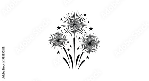 Black and white illustration of fireworks and stars festive celebration