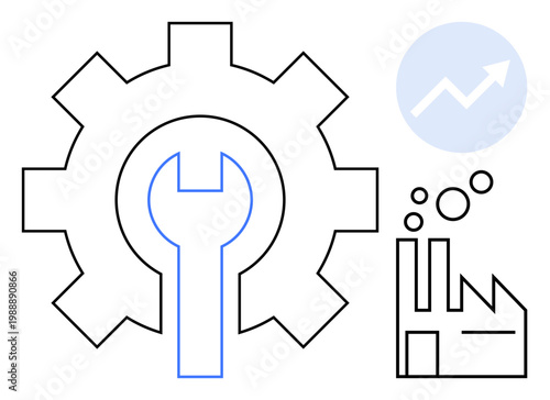 Industrial processes, engineering, manufacturing, business growth, technology, innovation. Gear icon with wrench, upward arrow chart and a factory. Industrial processes and engineering concept