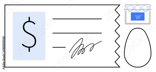 Online payments, ecommerce, transactions, financial records, digital receipts, shopping. Receipt design with dollar symbol and signature beside store and commerce icons. Online payments and ecommerce