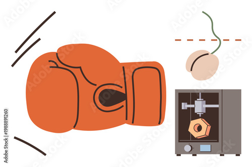Sports technology, manufacturing, innovation, 3D modeling, fitness equipment, creativity. A boxing glove, a 3D printer producing a boxing accessory. Sports technology and manufacturing concept
