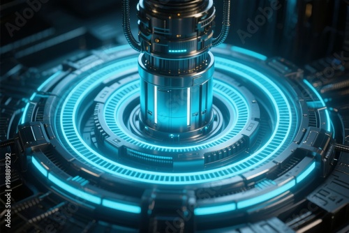 Futuristic high-tech device with glowing blue circular interface and central cylindrical component