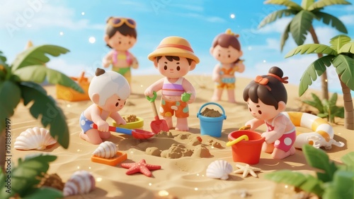 Children playing with sand toys on a sunny beach with palm trees and seashells
