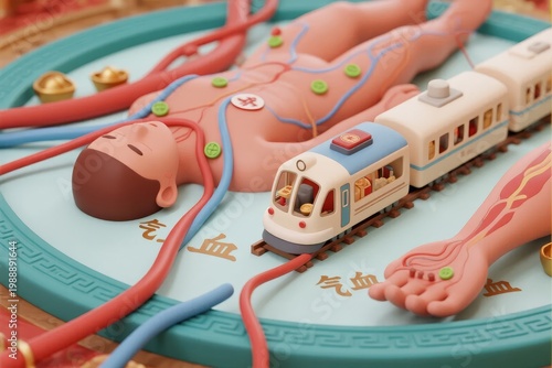 A stylized anatomical model of a human body with internal organs and circulatory system, featuring a toy train traveling along tracks over the figure.
