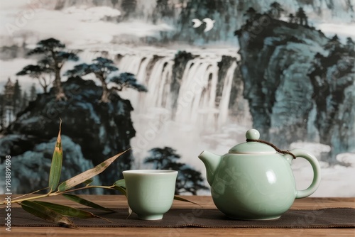 A traditional green ceramic teapot and cup set on a wooden table with bamboo leaves, against a painted landscape backdrop featuring a waterfall and mountains.