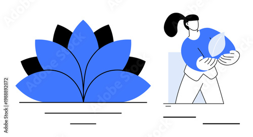 Wellness, sustainability, personal growth, mindfulness, eco-friendly living, spiritual connection. Woman holding a leaf next to a lotus flower. Nature and sustainability concepts