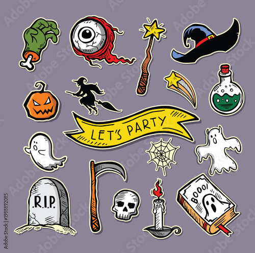 Halloween sticker set. Witch, pumpkins, ghosts, monster, skeleton. Characters and elements for halloween. 