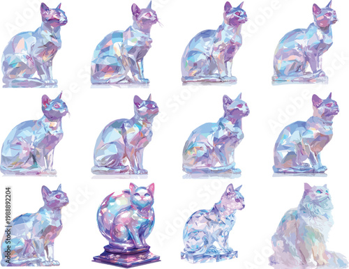 Watercolor Holographic Crystal Cat Figurines Clipart
