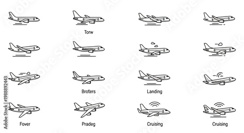 Set of airplane icons representing different flight phases and maneuvers