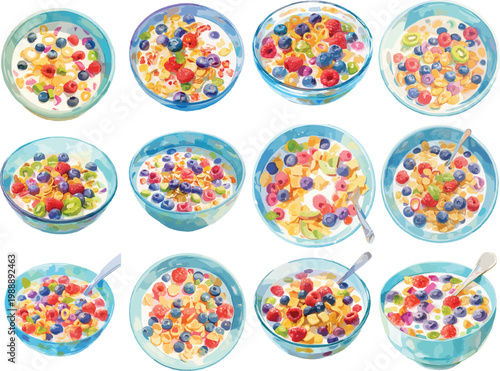 Watercolor Breakfast Cereal with Mixed Berries