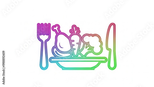 Vibrant rainbow gradient line illustration depicting a balanced nutritious meal setup with cutlery
