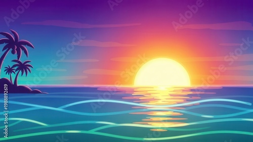 Vibrant tropical ocean sunset panorama with colorful sky and stylized waves reflecting golden light