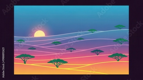 Vibrant gradient sunset over abstract african savanna landscape with acacia trees