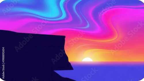 Vibrant Neon Ocean Sunset Over Cliff Silhouette with Swirling Gradient Sky and Horizon Colors