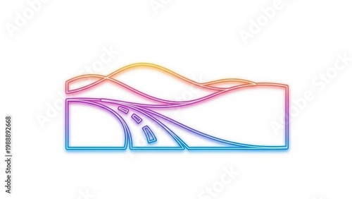Vibrant neon gradient outline of a winding road through undulating hills, conveying modern journey