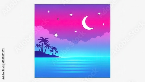 Vibrant gradient tropical night with crescent moon and sparkling stars above calm ocean