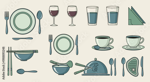 Set of Flat Vector Tableware and Kitchenware Icons