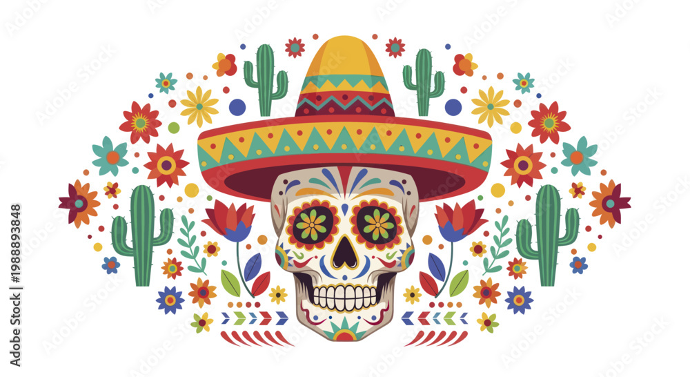 Fototapeta premium Vibrant Sugar Skull with Sombrero and Floral Decorations.
