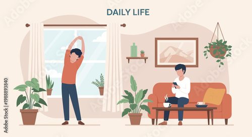 Two men engaged in daily life activities at home, one stretching and the other using a phone.