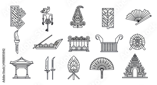 Traditional Thai Cultural Elements and Objects Line Art Collection.