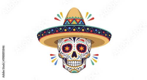 Vibrant Sugar Skull with Sombrero for Day of the Dead Celebration.
