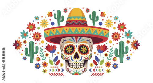 Vibrant Sugar Skull with Sombrero and Floral Decorations.
