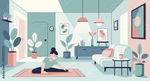 Woman practicing yoga at home, stretching on a mat.