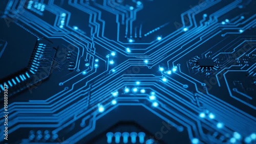 Glowing blue circuit board in dark futuristic neon lighting for technology background