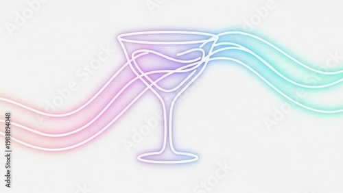 Vibrant Gradient Neon Cocktail Glass Line Art with Flowing Abstract Luminous Waves Design