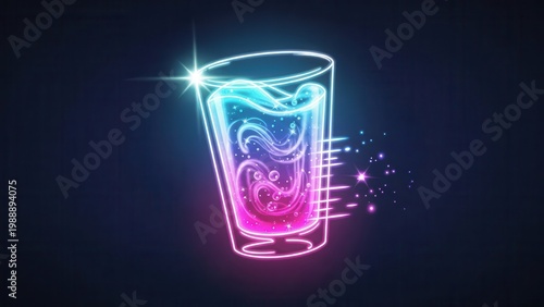 Vibrant Neon Liquid in Glowing Glass with Sparkling Effects on Dark Background