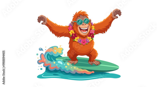 Happy Orangutan Surfing on a Wave with Sunglasses and Lei.