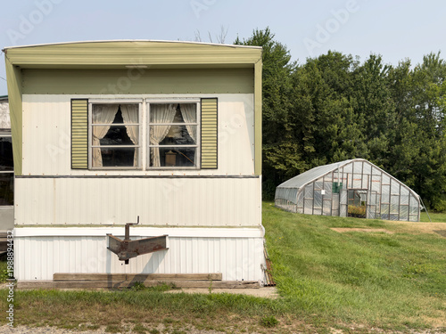 Vintage  mobile home exterior with nobody 