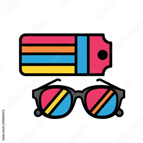 Colorful striped ticket and sunglasses, symbolizing leisure and entertainment, ideal for travel and event promotions