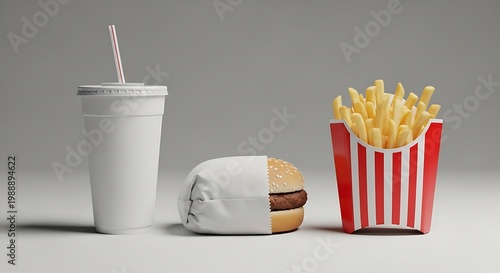 Fast food meal set with a soda cup hamburger and french fries on a grey background. fountain cup