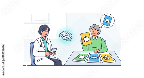 Doctor tests elderly woman's memory with cards showing objects and symbols