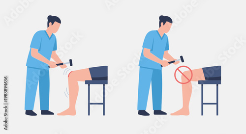 Doctor tests knee reflex with hammer, showing normal and abnormal responses