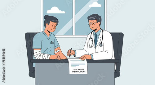 Doctor writing prescription for injured patient with bandaged arm in clinic office