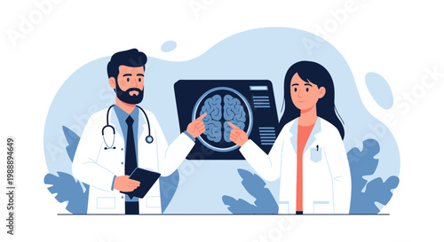 Doctors discussing brain scan results, medical team analyzing MRI scan, healthcare professionals at work
