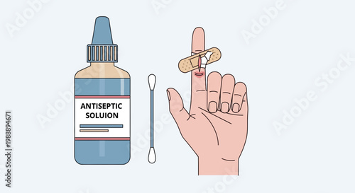 First Aid: Antiseptic Solution, Cotton Swabs, and Bandaged Finger for Wound Care